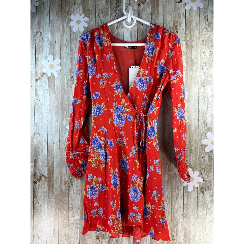 Zara Wrap Mini Dress Sz Small Red Blue Floral Long Sleeve Ruched Stretch‎ A-Line